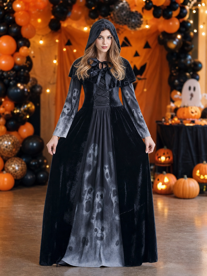 Halloween hooded skull print dress costume