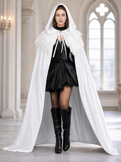 Velvet Hooded Feather Cape with Ties