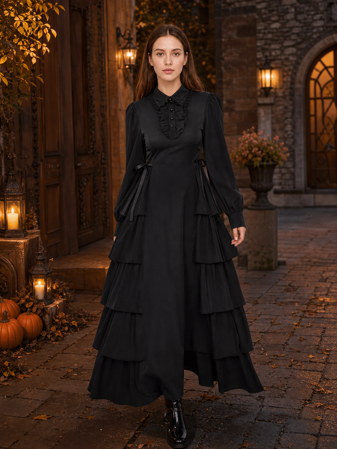 Black Gothic Dress with Ruffles and Lacing