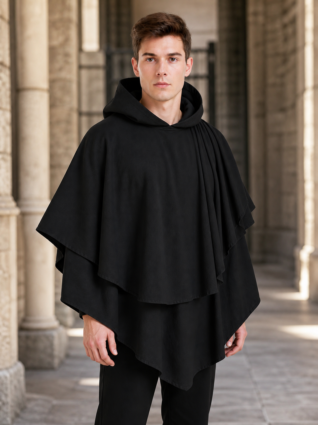 Women's Gothic Hooded Cape Cloak for Halloween Cosplay, Black Flowing Draped lifestyle view