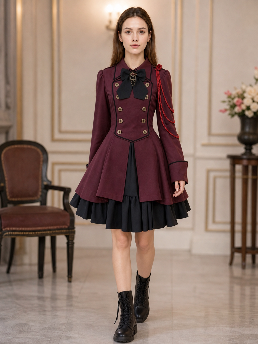 Gothic burgundy dress with sleeves and a bow