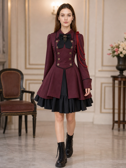 Gothic burgundy dress with sleeves and a bow