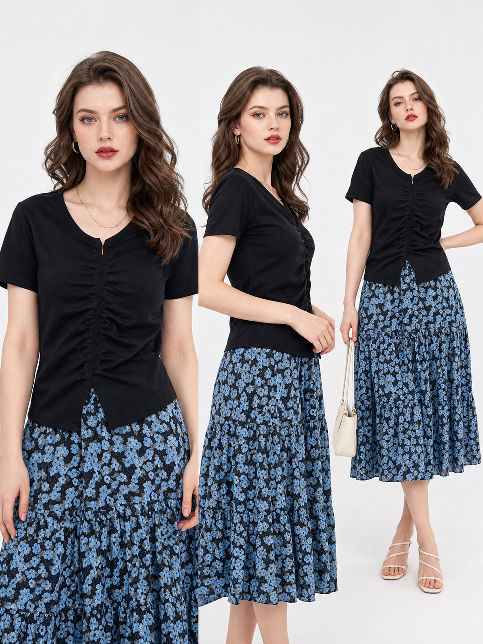 Black V-Neck Ruched Short-Sleeve Top