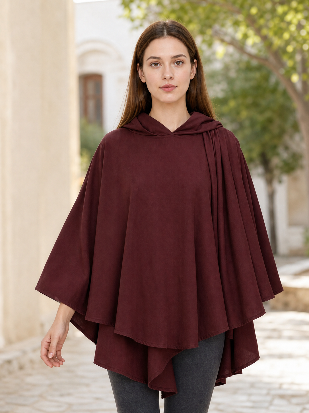 Hooded Cloak Halloween Costume, 1pc Dark Red Medieval Fantasy Cape With Attached Hood, Draped Sleeves And Layered Panels For Cosplay