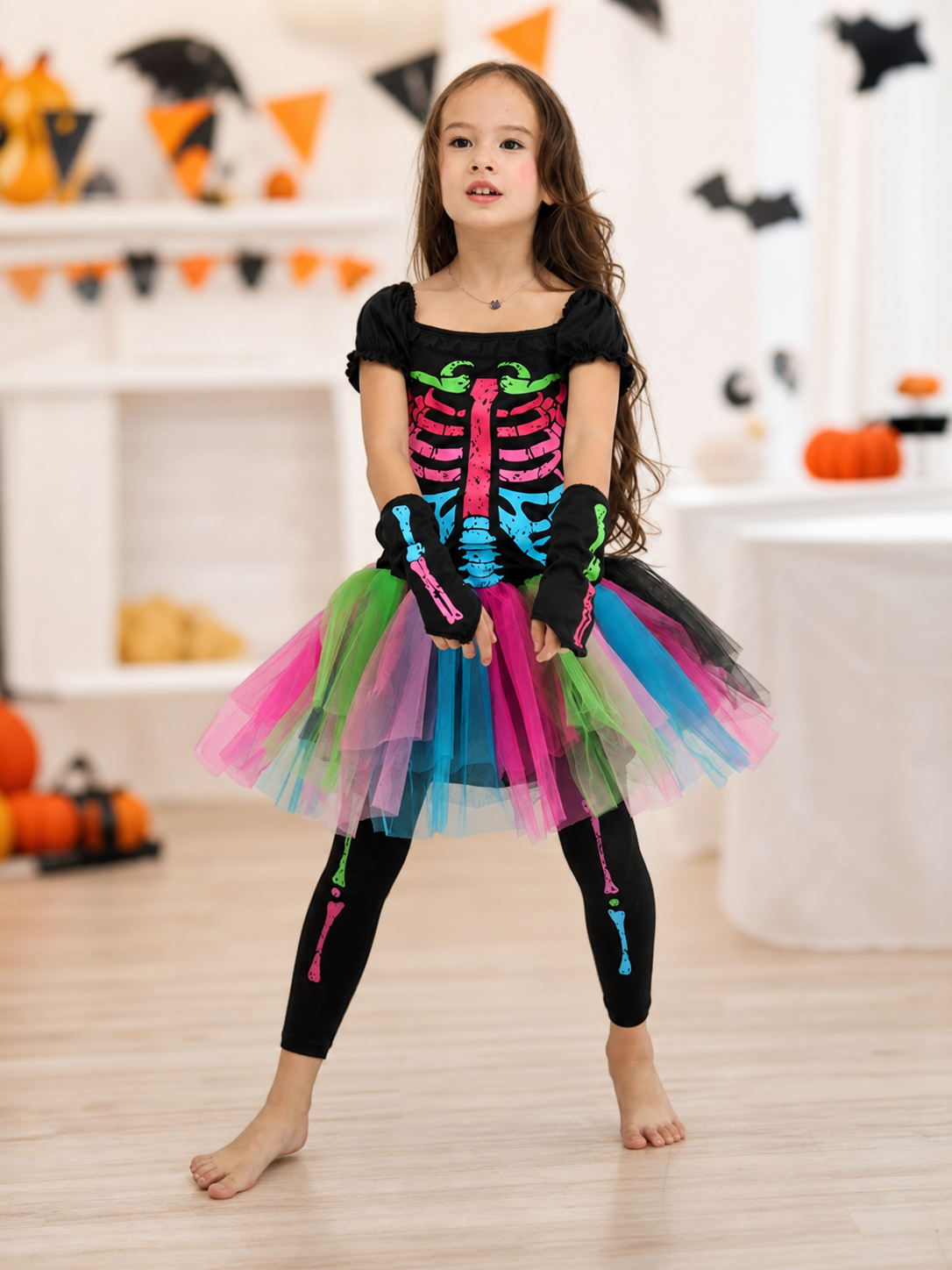 Skeleton costume with a multicolored skirt