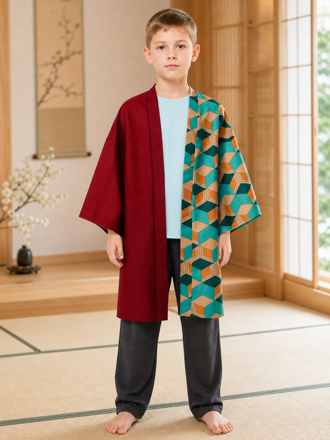 This long kimono-style wrap features a striking two-tone design and an unusual geometric pattern. The style is made as a long open-front garment with a straight hem and wide three-quarter sleeves. One side has a solid deep red panel, while 