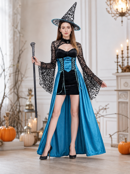 Halloween Witch Costume with Hat and Wand