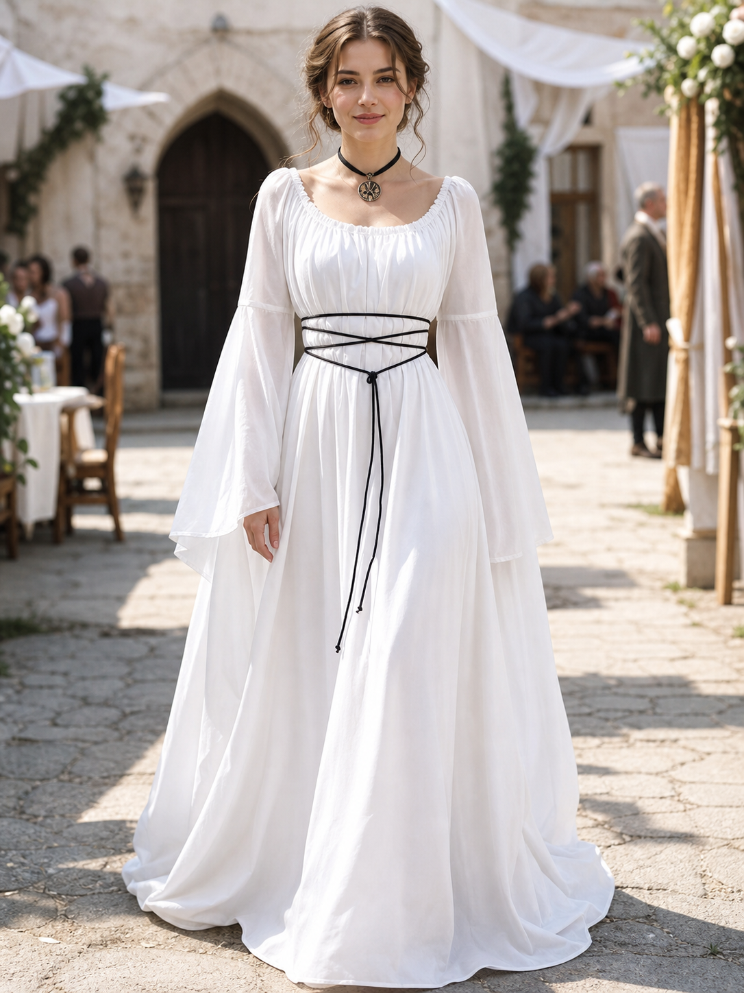 Long White Dress with Flared Sleeves and Lacing