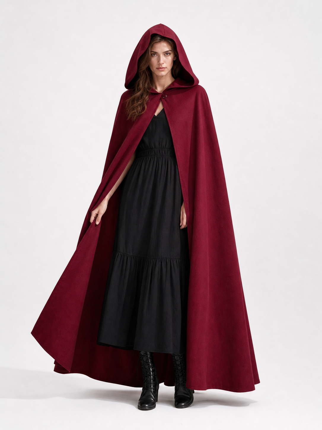 Medieval Hooded Cloak Wine Red Cape with Overlapping Front and Irregular Draped Hem for Cosplay, Theme Parties, Stage Performances and Fantasy Photography