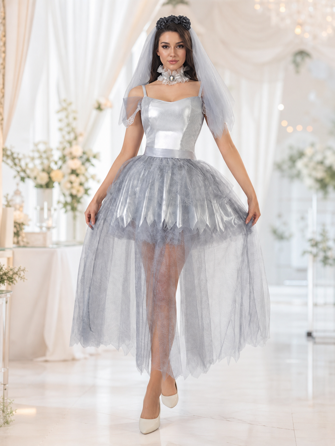Wedding Costume with Veil and Layered Skirt