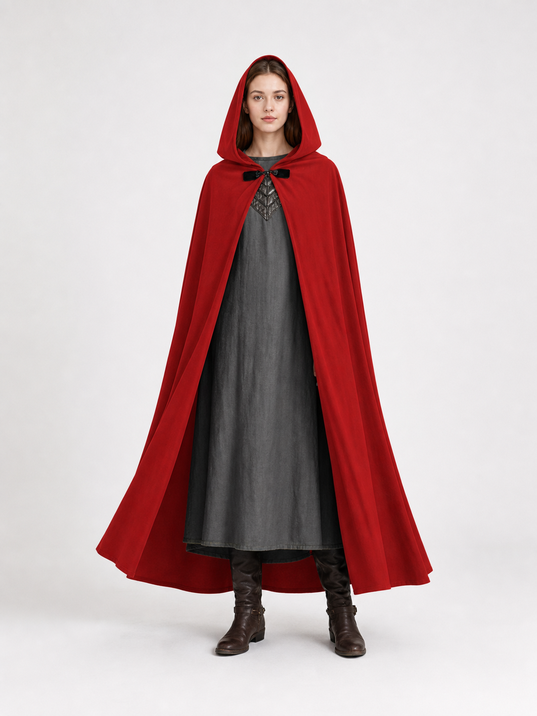Medieval Hooded Cape, Long Flowing Bright Red Cloak with Oversized Hood and Toggle Closure for Cosplay Costume Parties
