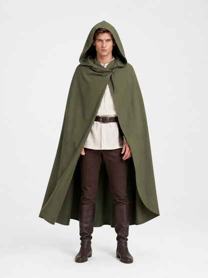 Medieval Hooded Cloak, Olive Green Full-Length Cape with Pointed Hood and Front Tie for Cosplay and Role-Playing
