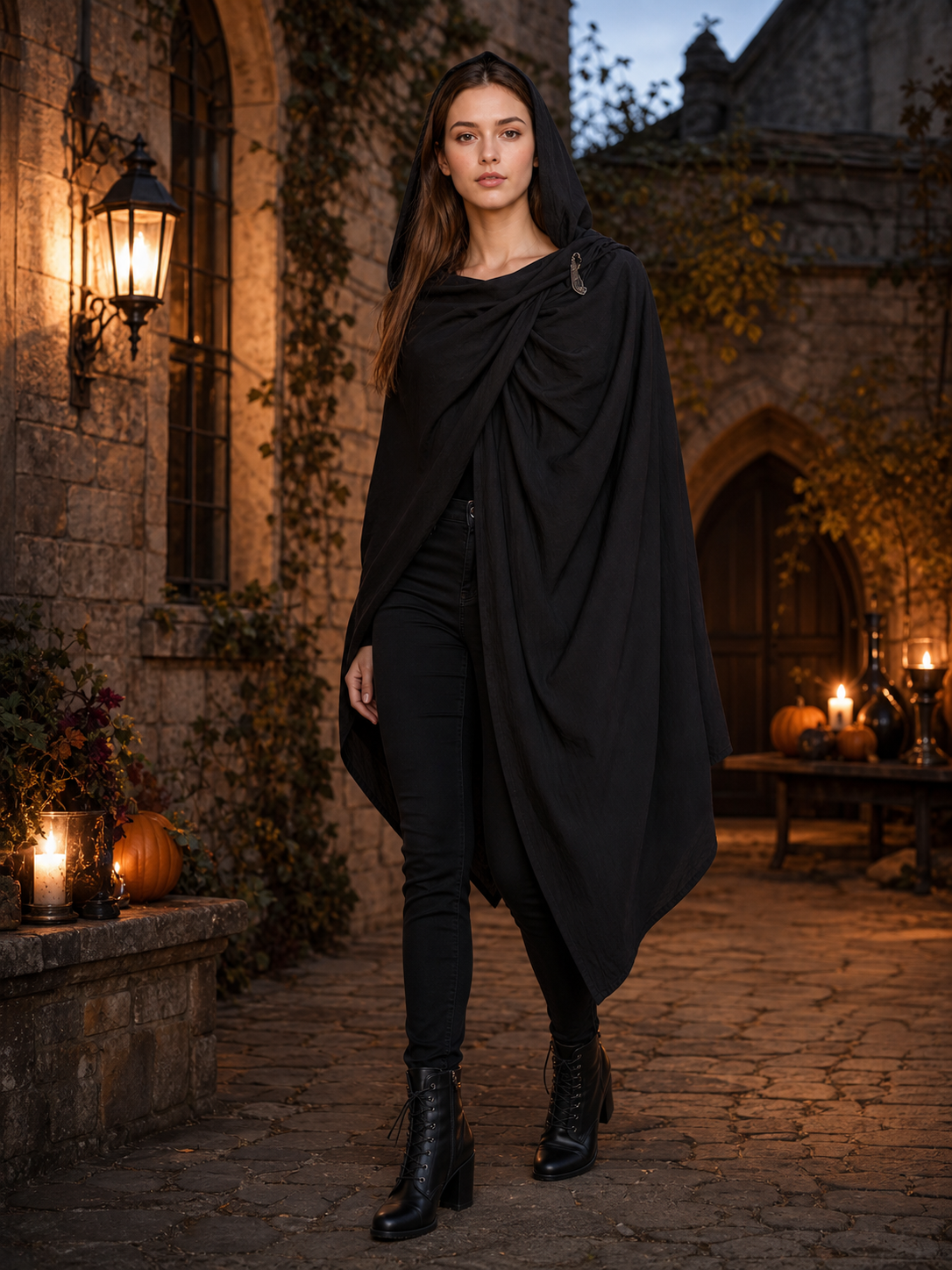 Black Hooded Carnival Cape, Loose Fit lifestyle view