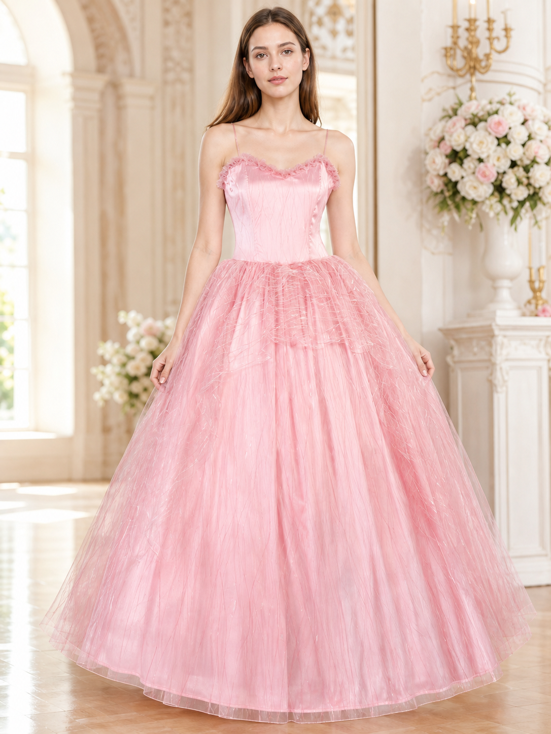 Pink cosplay dress with belt and white vest