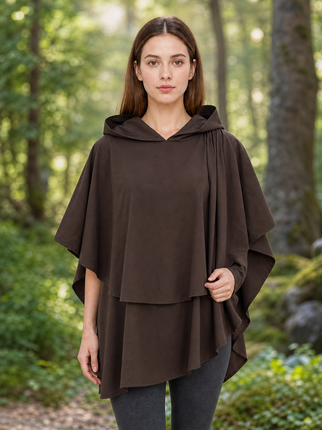Women's Hooded Wanderer Cloak Costume with Layered Hem, Shoulder Draped Pleats
