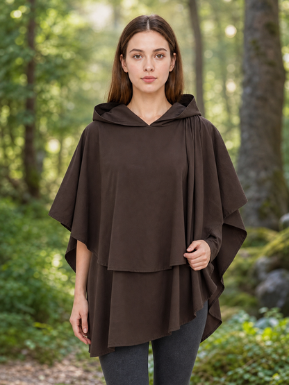 Women's Hooded Wanderer Cloak Costume with Layered Hem, Shoulder Draped Pleats