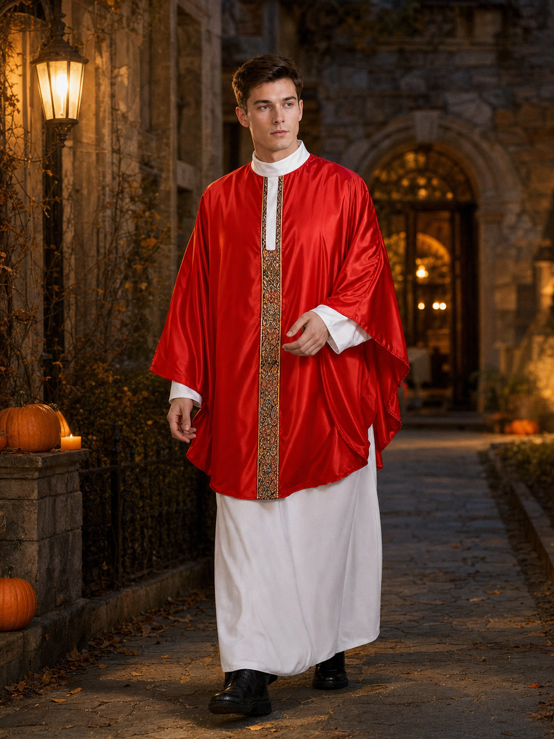 Papal-Style Ceremonial Costume Set With Red Robe, White Undergarment And Pointed Mitre Hat For Stage, Film And Themed Events