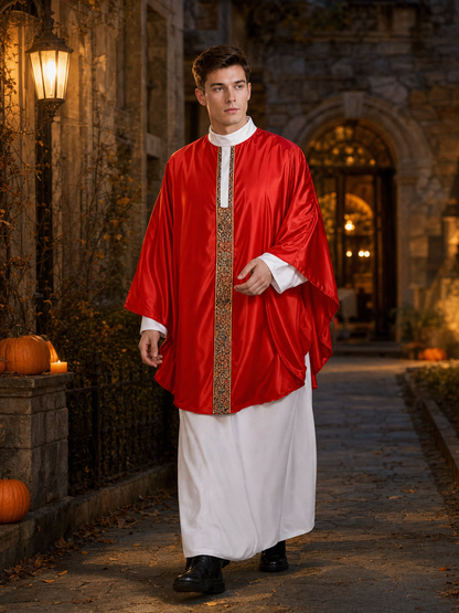 Papal-Style Ceremonial Costume Set With Red Robe, White Undergarment And Pointed Mitre Hat For Stage, Film And Themed Events