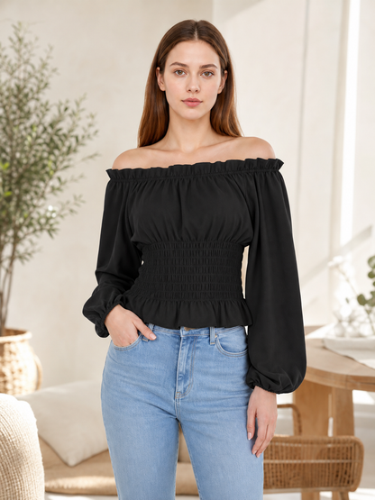 Black off-the-shoulder blouse with ruffles