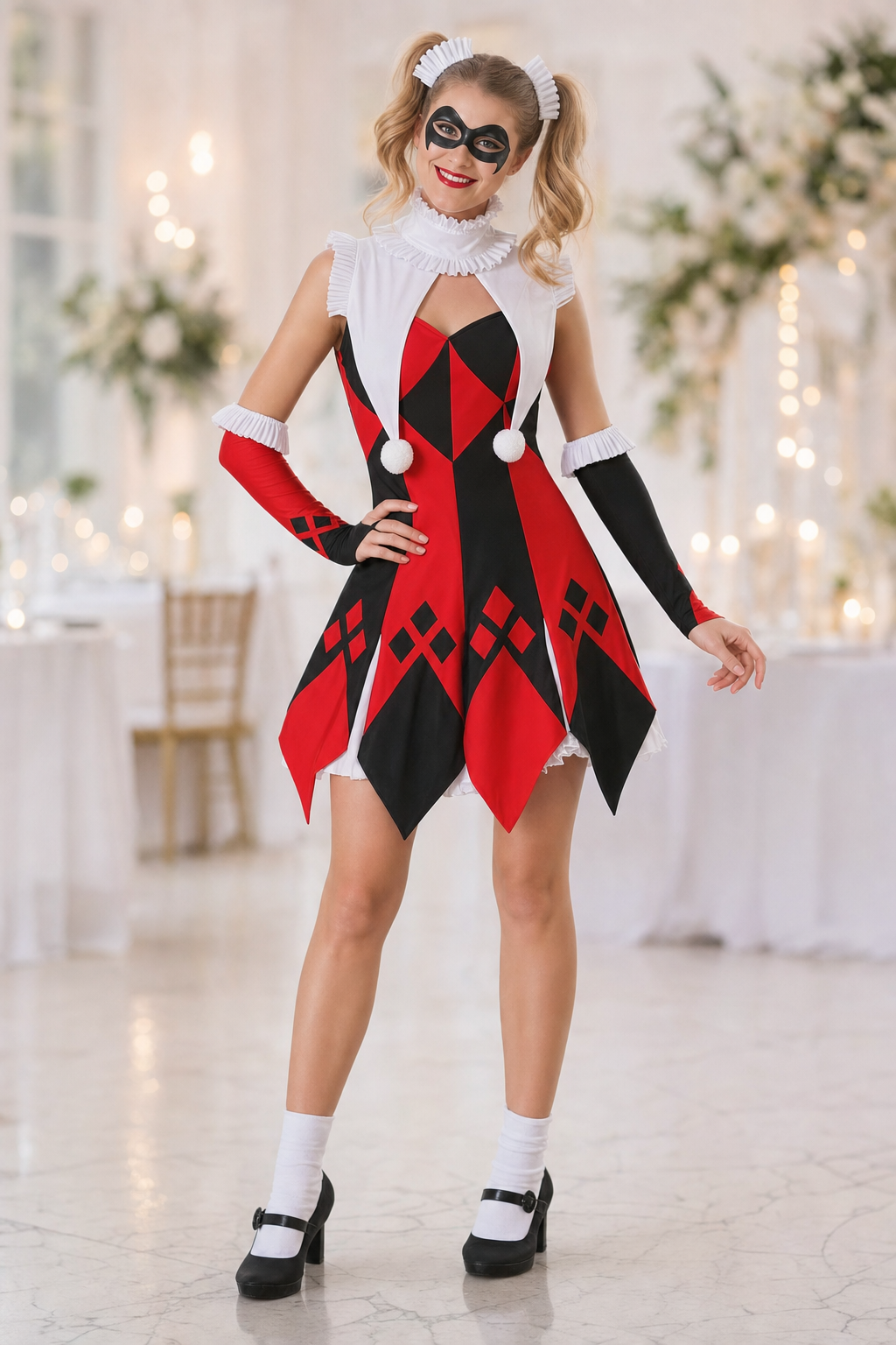Harlequin Carnival Costume with Mask and Gloves