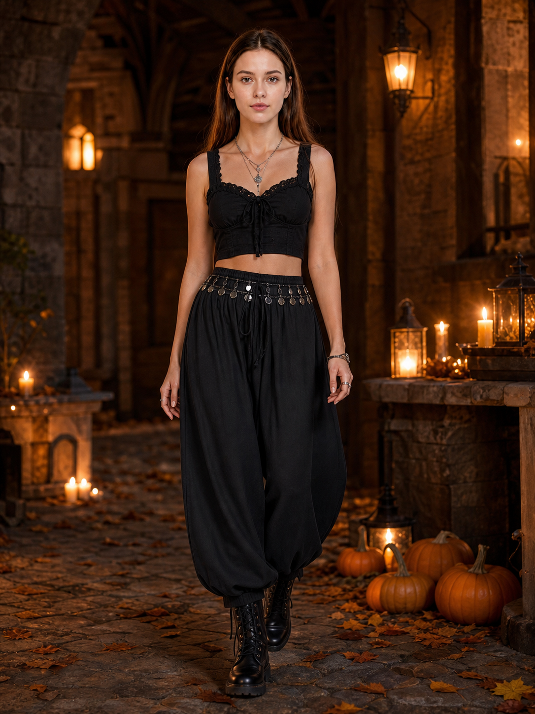 Woman wearing black cropped harem pants with a drawstring waist and side pockets, styled with a black top and boots in a candlelit room