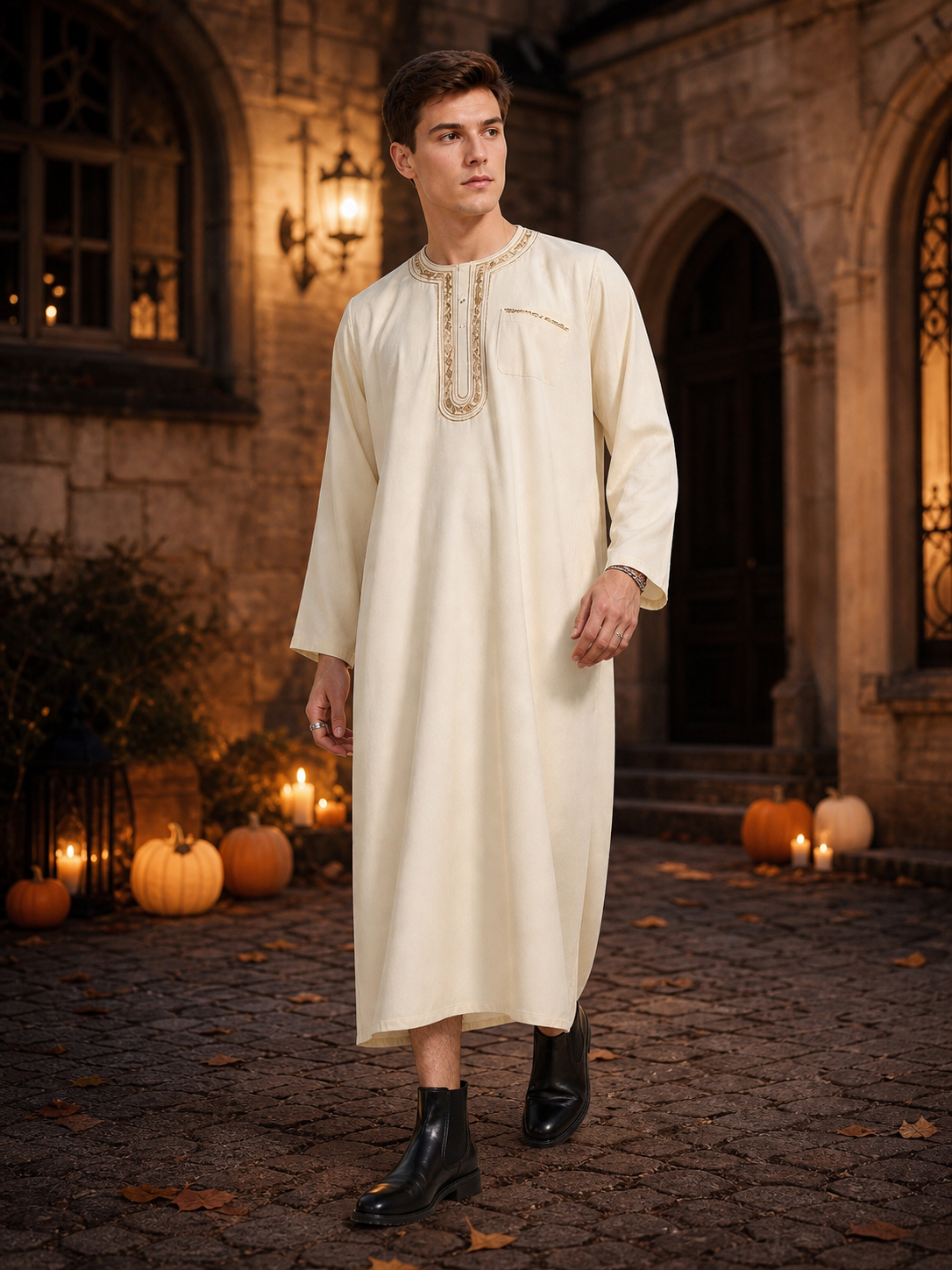 Men's Islamic-Inspired Long Tunic Robe, Embroidered Round Neck, Long Sleeve, Ankle-Length Loose Fit with Side Pocket
