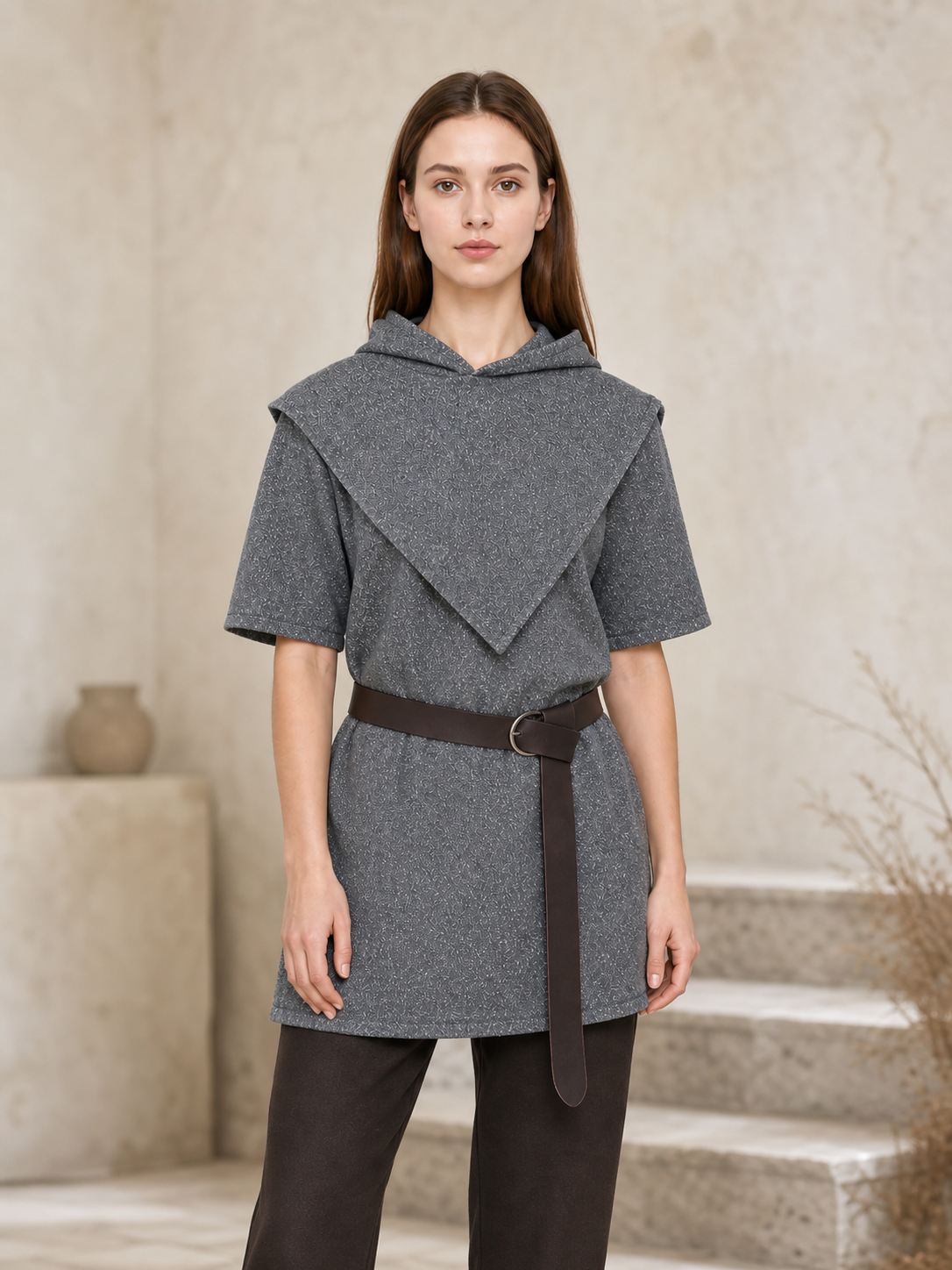 Silver Hooded Tunic Top with Wide Belt