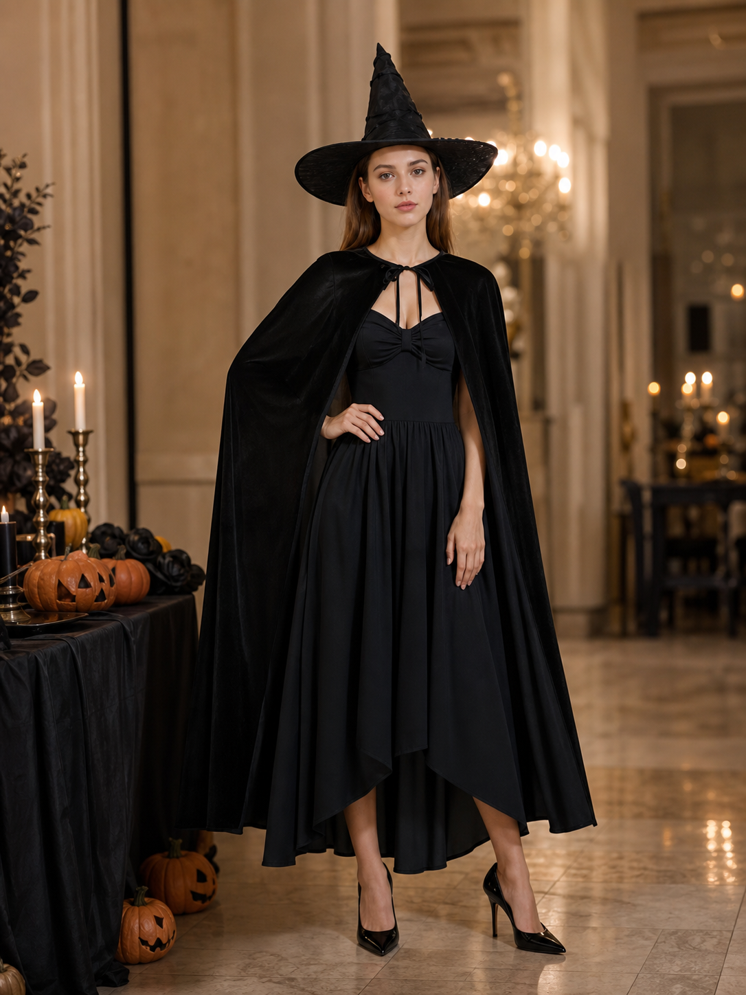 Black Costume Cape with Green Gloves