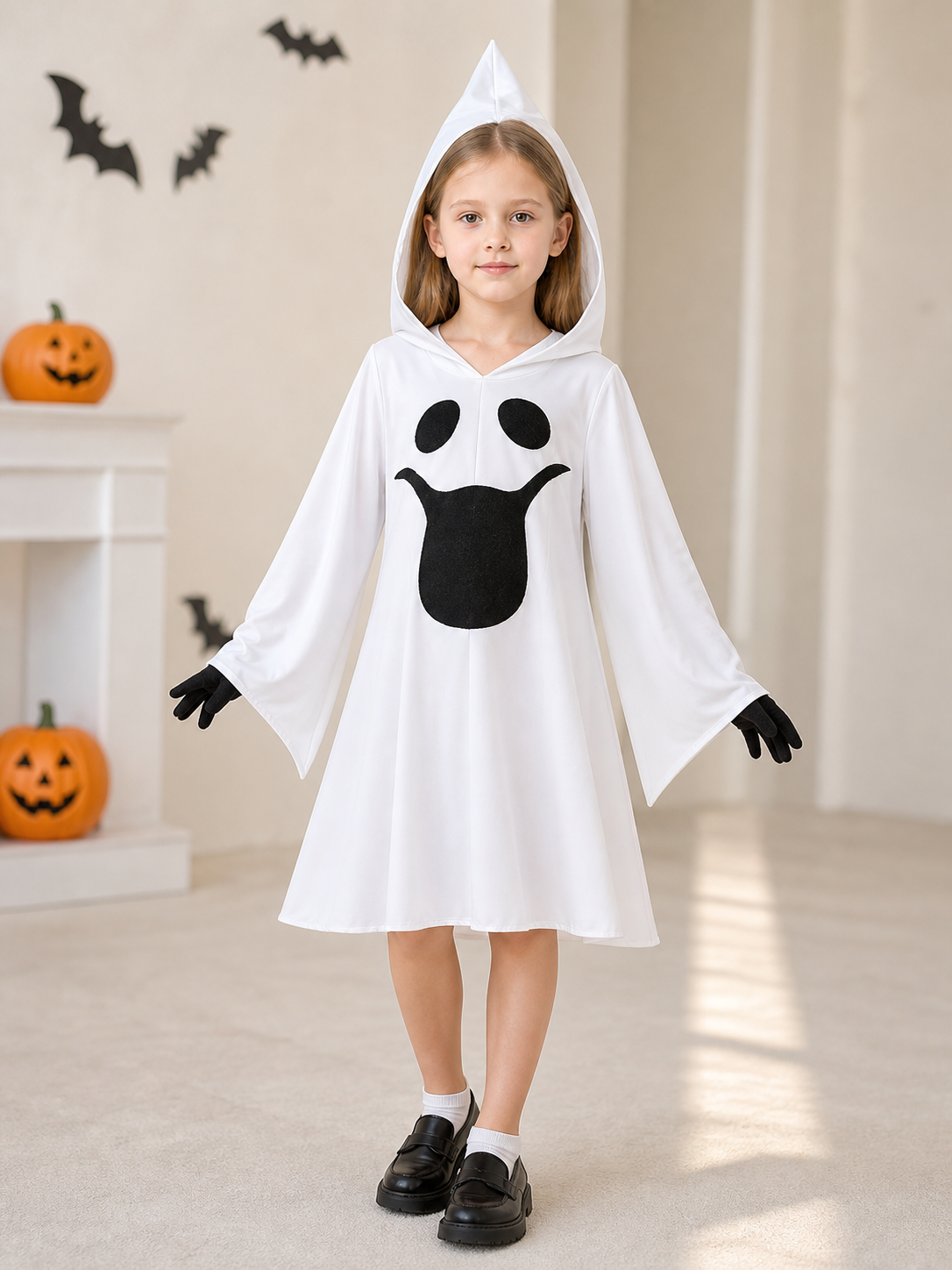 Ghost costume with hood, dress with gloves