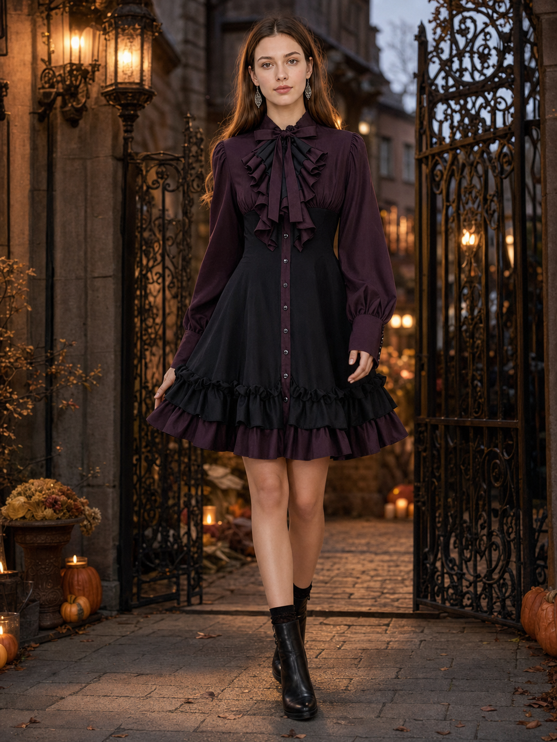 Women’s Gothic Renaissance Dress, Medieval Steampunk Style, Black And Burgundy Long Sleeve High Neck Ruffle A-Line Costume Outfit