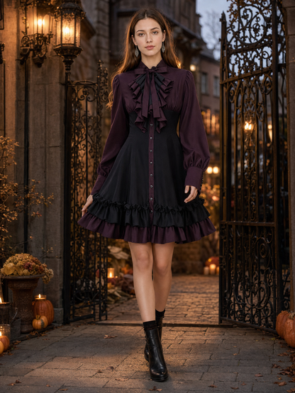 Women’s Gothic Renaissance Dress, Medieval Steampunk Style, Black And Burgundy Long Sleeve High Neck Ruffle A-Line Costume Outfit