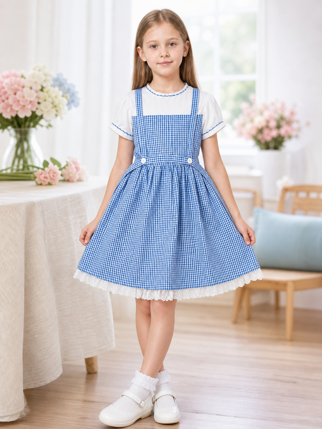 Blue-and-White Plaid Cosplay Pinafore Dress