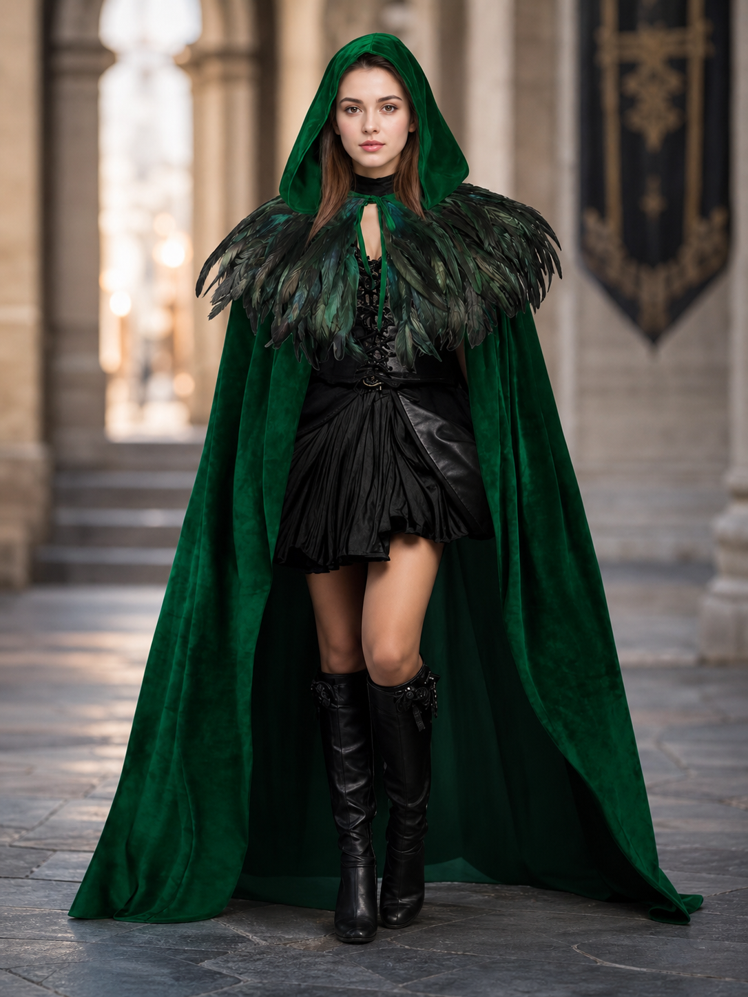 Green Hooded Velvet Feather Cape