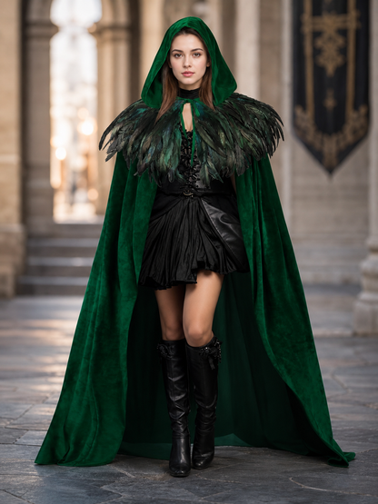 Green Hooded Velvet Feather Cape