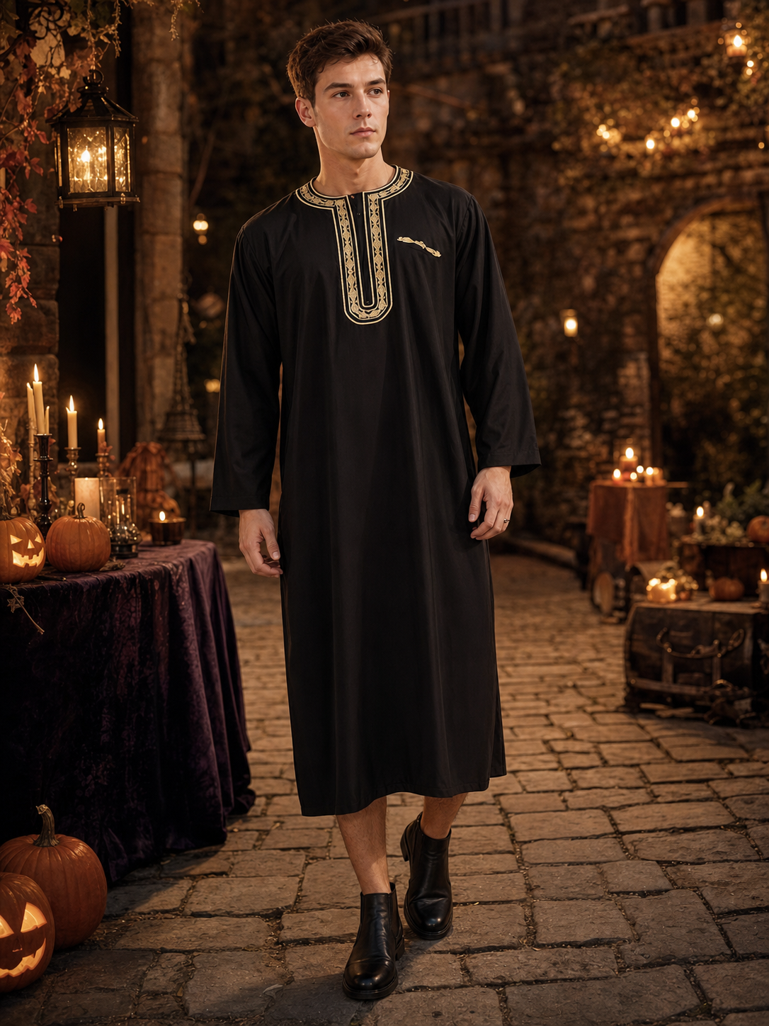 Long Black Abaya with Gold Collar Trim lifestyle view