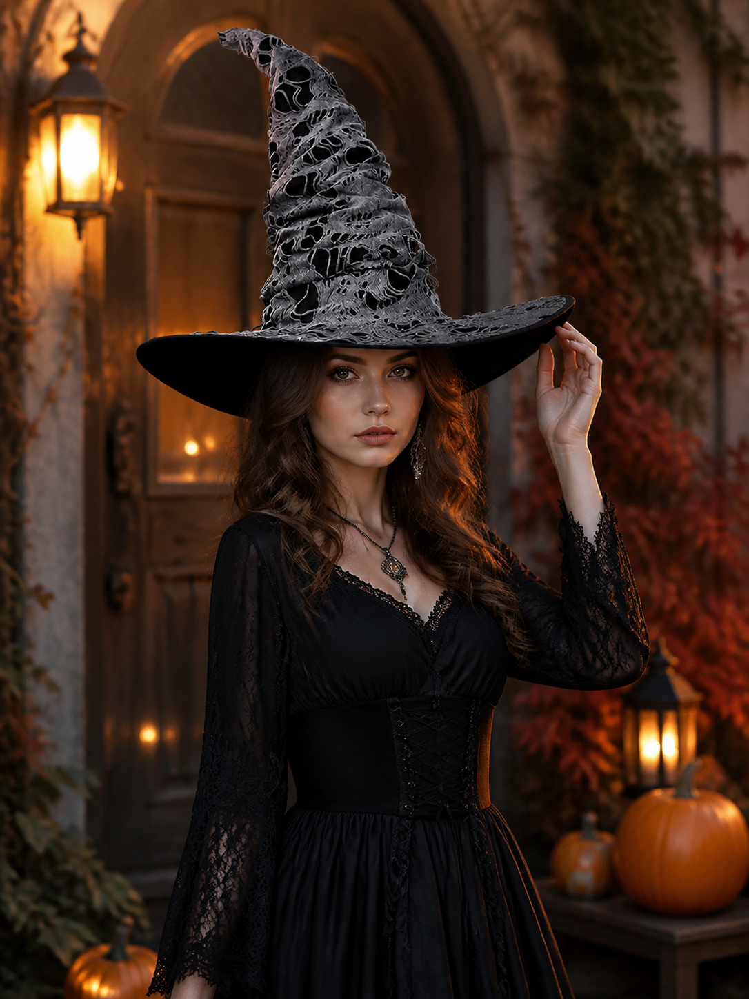 Gray Black Halloween Witch Hat For Women Wide Brim Curved Pointed Tattered Torn lifestyle view 2