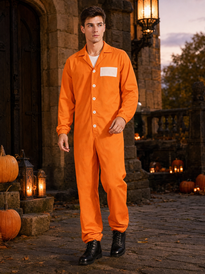 Adult Orange Prisoner-Style Costume Jumpsuit, Long Sleeve One-Piece Uniform with Pointed Collar, Front Buttons and Chest Patch for Costume Parties