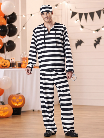 Striped prisoner costume with cap and handcuffs