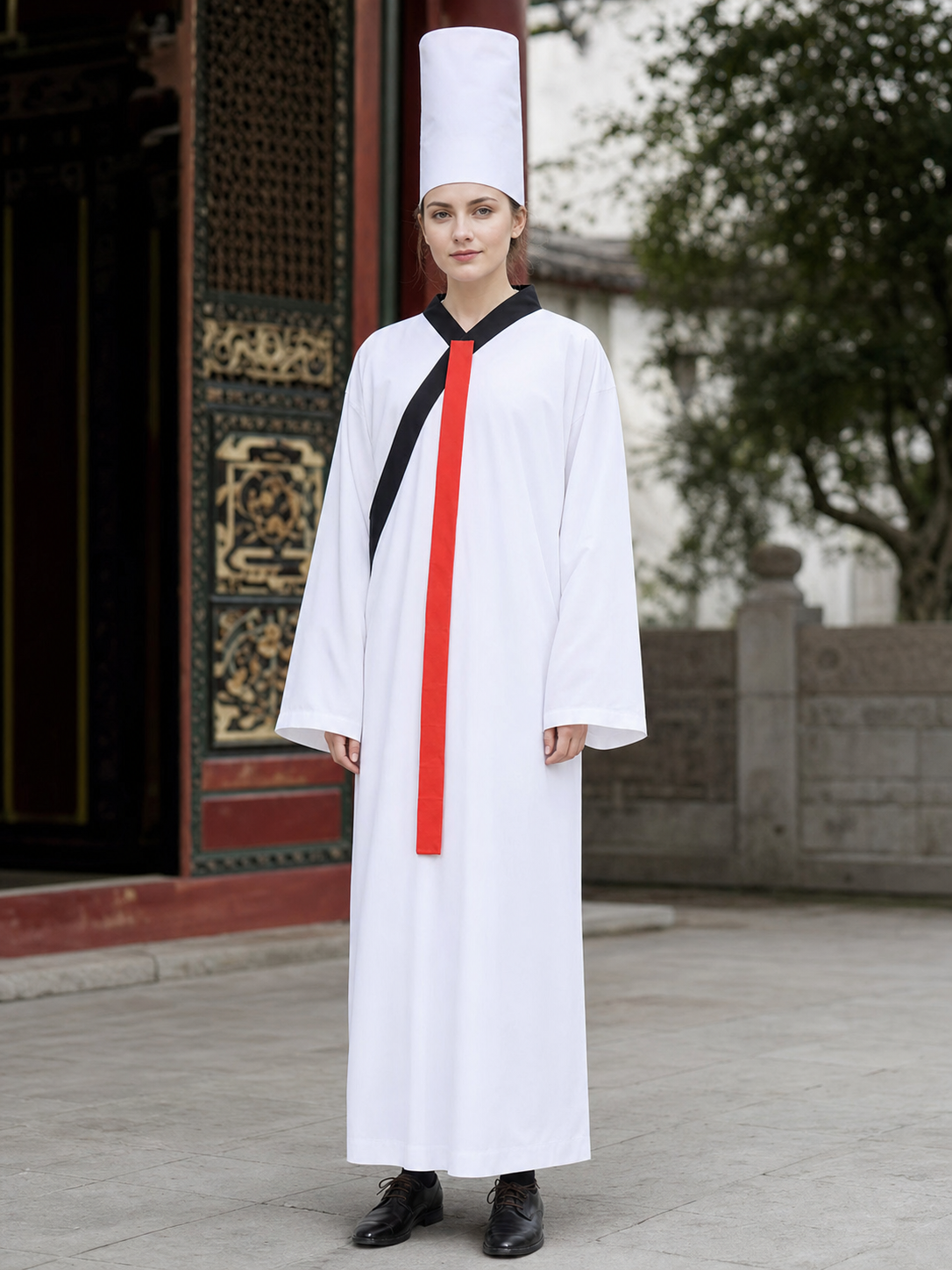 Chinese-style zombie costume with a white hat