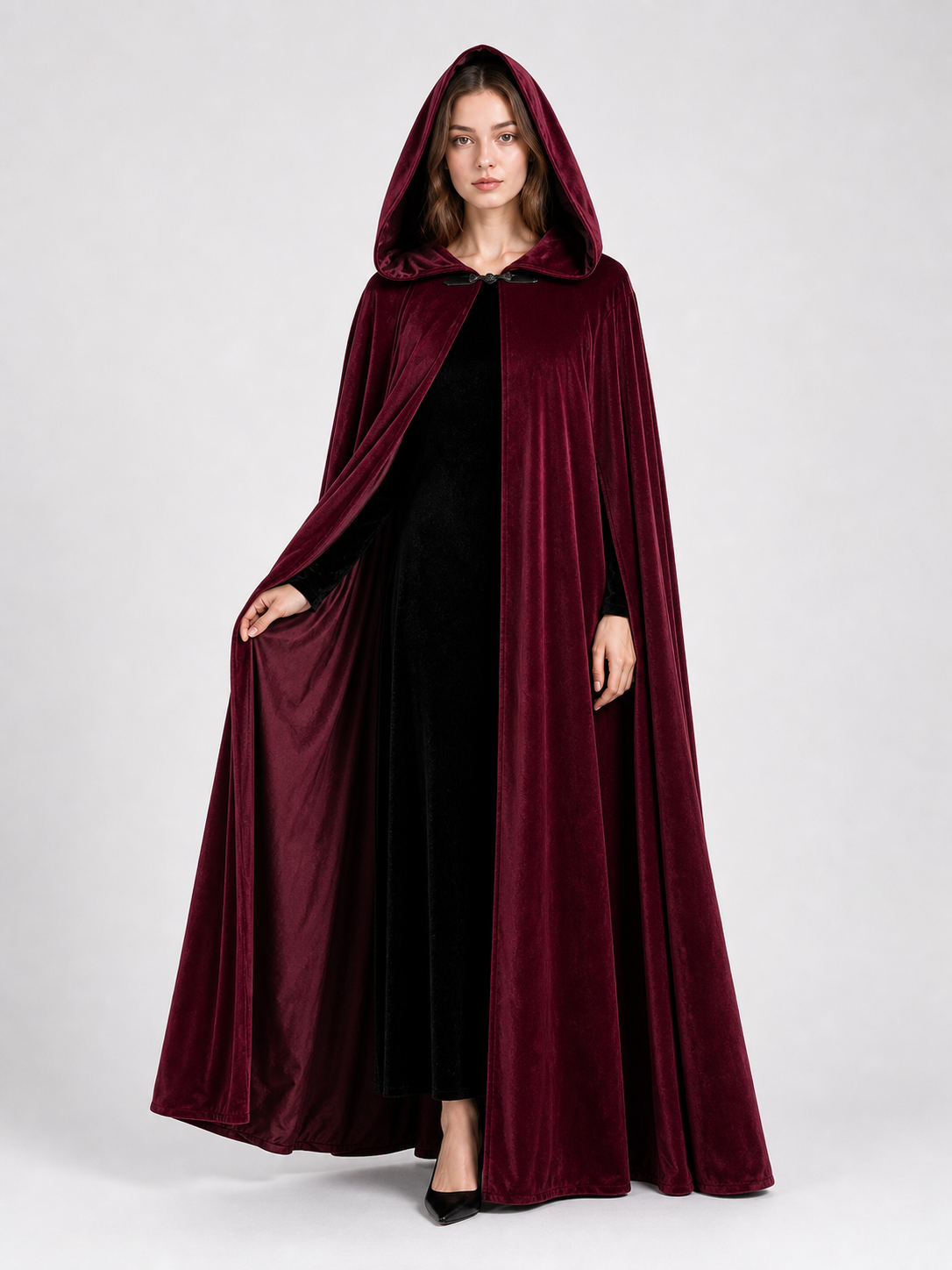 Burgundy Long Carnival Cloak with Hood