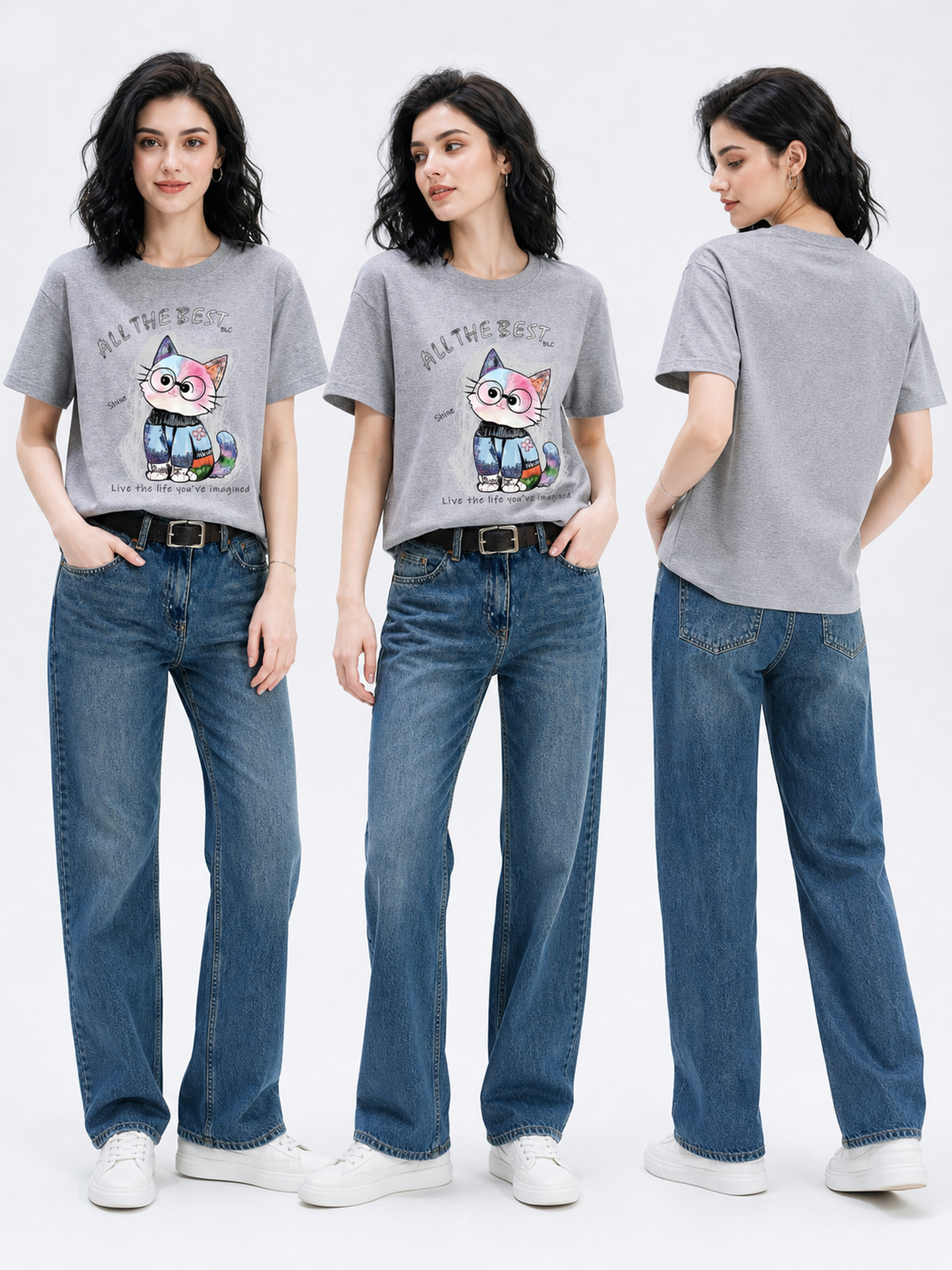 Women's Cat Print T-Shirt, Knit, Relaxed Fit