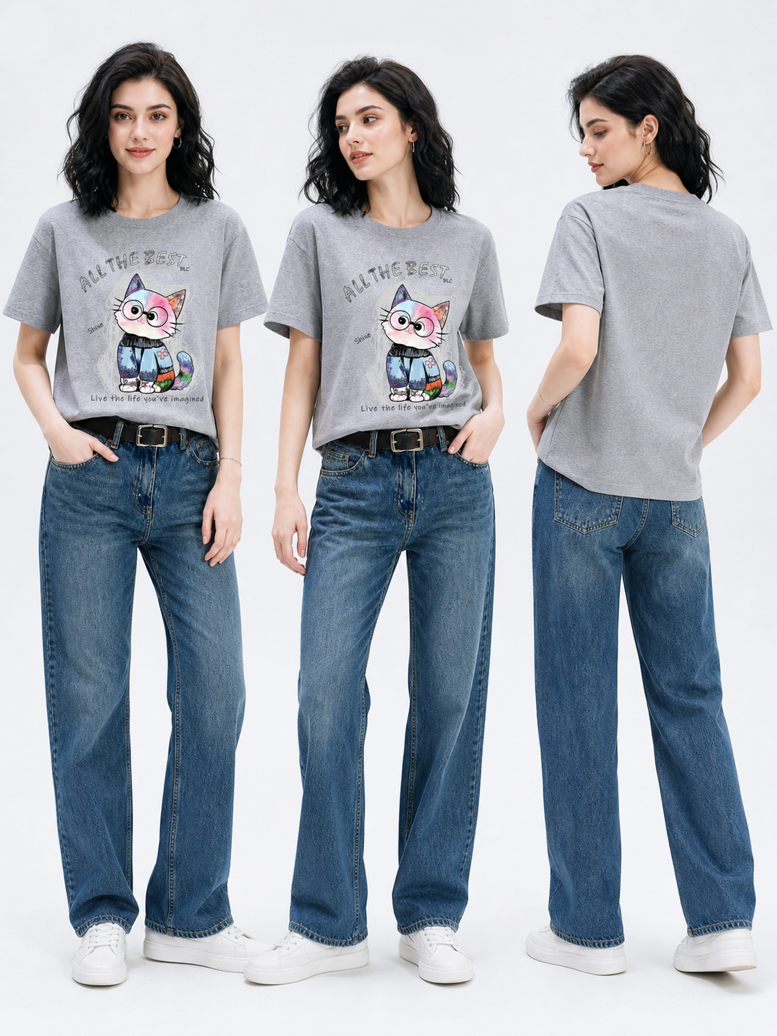 Women's Cat Print T-Shirt, Knit, Relaxed Fit