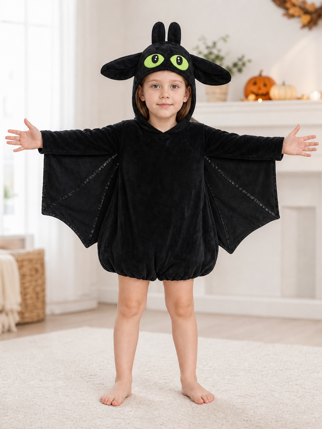 Black plush bat costume shown full-body on a child in a furnished room, with hood, large eyes, and outstretched wing panels