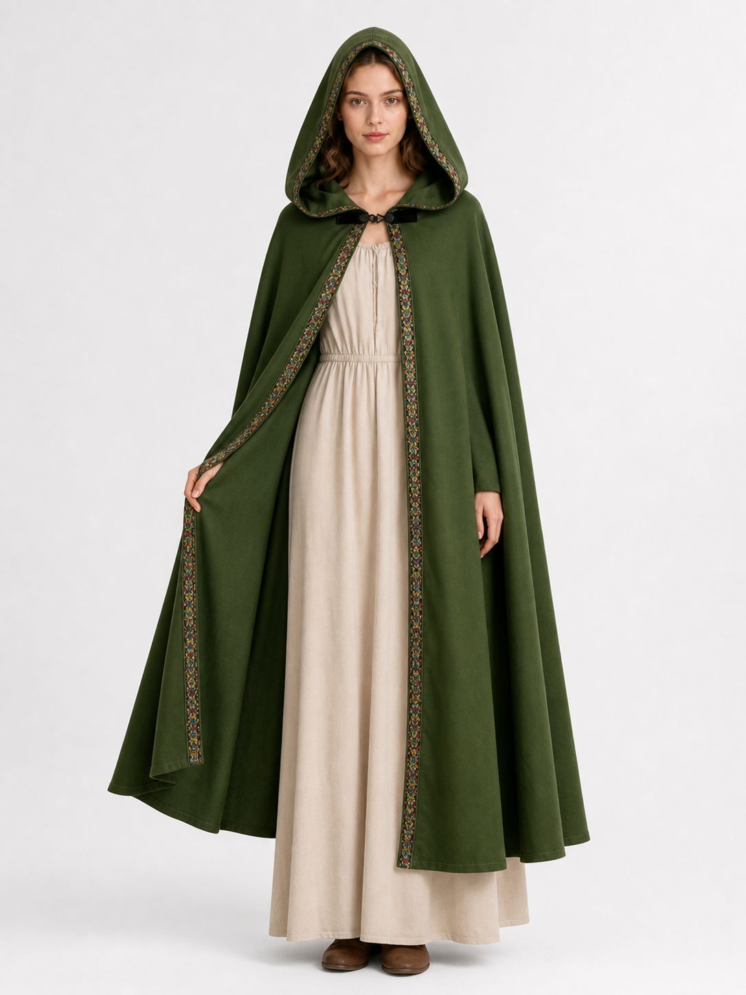 Green Carnival Cloak with Hood and Trim