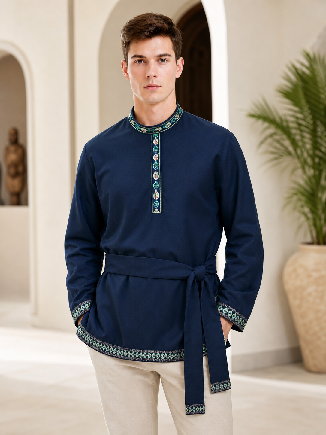 Tunic with a Belt and Embroidery, Dark Blue