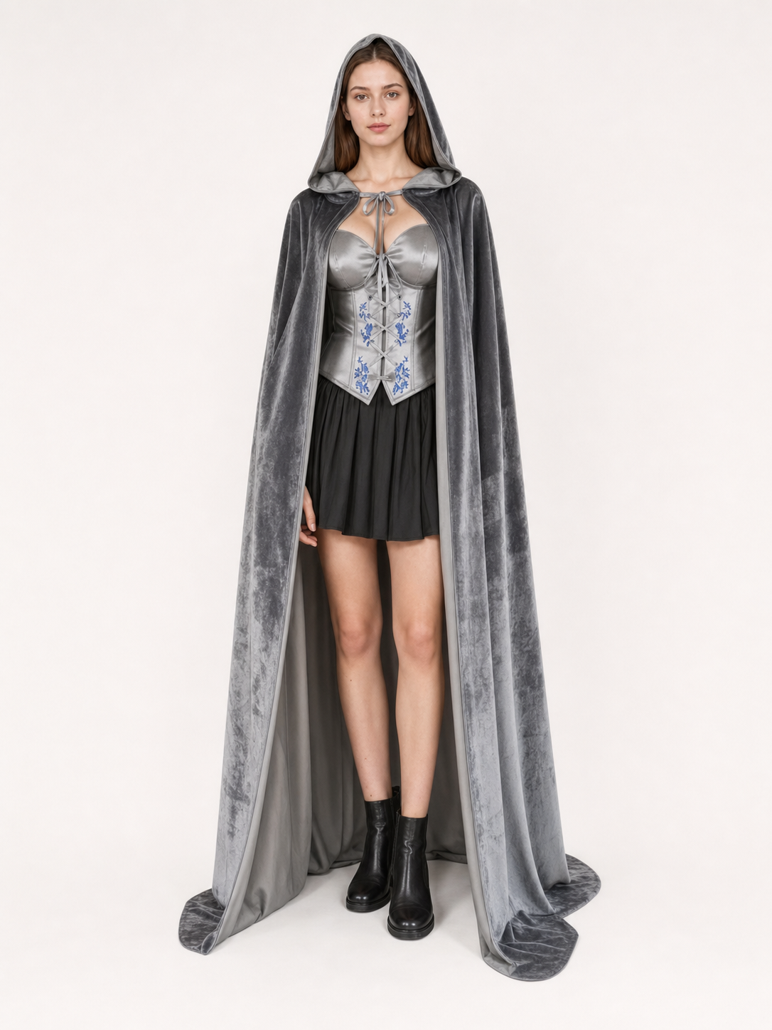 Gray Hooded Long Costume Cape