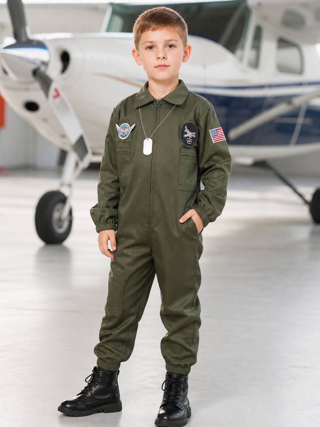 Flight jumpsuit with patches and accessories