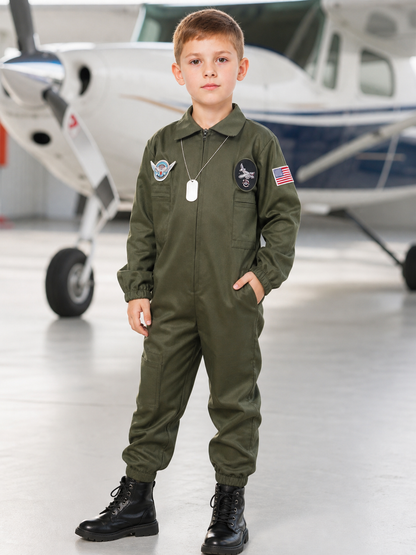Flight jumpsuit with patches and accessories