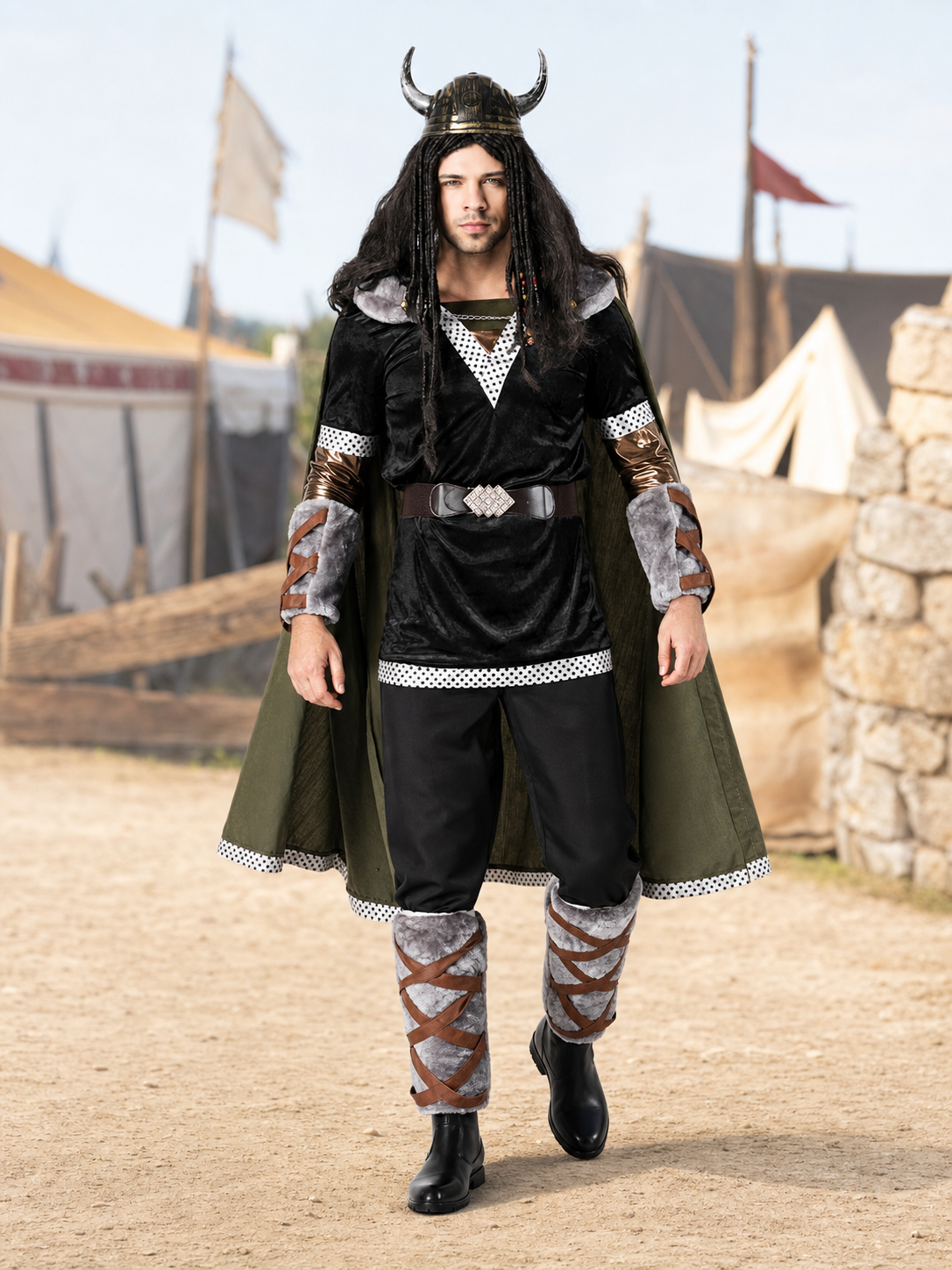 Viking Costume with Horned Helmet and Cape
