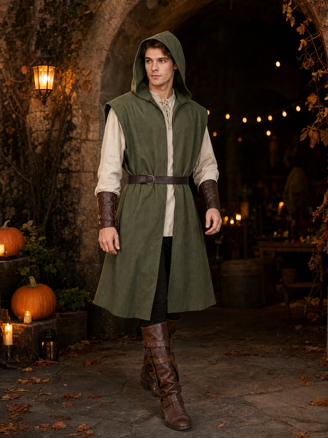 Medieval Fantasy Costume Sleeveless Hooded Long Vest, Open Front Design With Waist Belt For Cosplay And Costume Performances